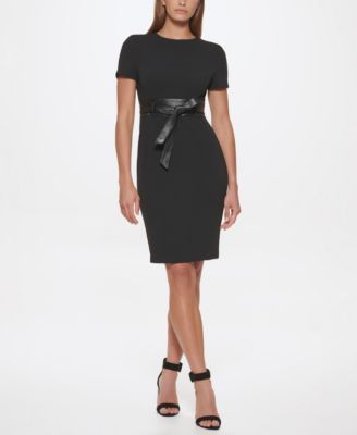 Calvin Klein - Women's Solid Faux-Leather Tie-Waist Sheath Dress