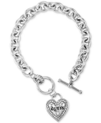 GUESS - Silver-Tone Pav&eacute; Logo Heart Link Bracelet