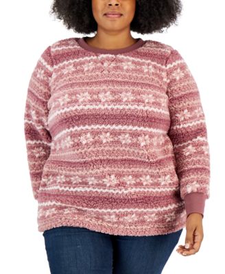 Style & Co - Plus Size Printed Faux-Sherpa Ribbed-Contrast Sweater