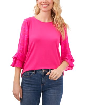 CeCe - Mixed-Media Ruffled-Sleeve Knit Top