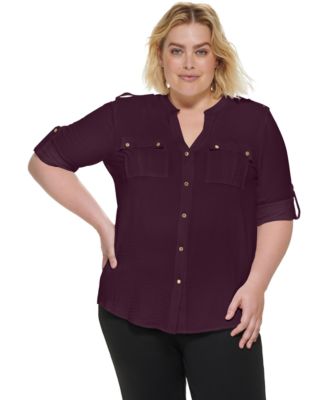 Calvin Klein - Plus Size Solid Button-Down Roll-Sleeve Top