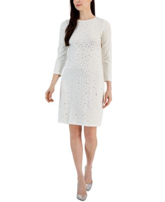 Anne Klein - Women's Studded 3/4-Sleeve Fit & Flare Sweater Dress