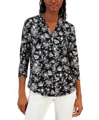 Charter Club - Petite Printed V-Neck 3/4-Sleeve Top