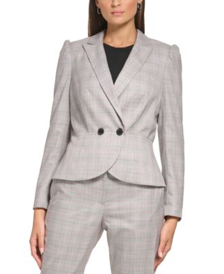 DKNY - Petite Plaid Puff-Sleeve Peplum Jacket