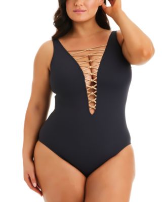 Bleu by Rod Beattie - Plus Size Kore Lace-Up One-Piece Swimsuit