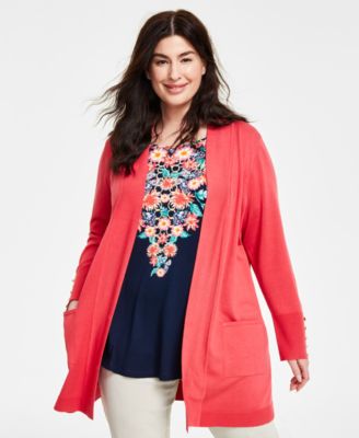 JM Collection - Plus Size Button-Sleeve Flyaway Cardigan Sweater