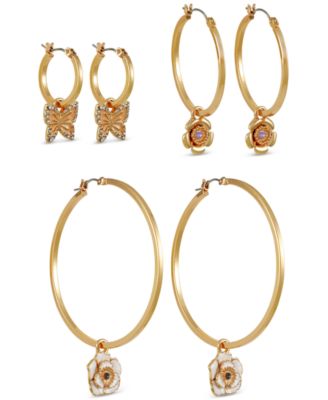 GUESS - Gold-Tone 3-Pc. Set Mixed Color Stone Flower & Butterfly Charm Hoop Earrings