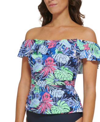 Tommy Hilfiger - Women's Printed Ruffled Off-The-Shoulder Tankini Top