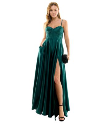 B Darlin - Juniors' Pleated-Bodice High-Slit Evening Gown