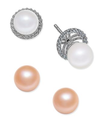Macy's - 6-Pc. Set White and Pink Cultured Freshwater Pearl (7mm) Stud Earrings with Interchangeable Diamond (1/5 ct. t.w.) Earring Jacket in 14k White Gold