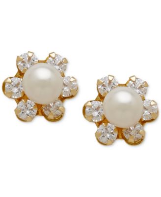 Macy's - Freshwater Pearl (3-3/4mm) and Cubic Zirconia Stud Earrings in 14k Gold