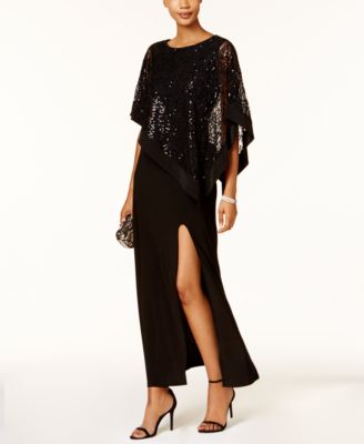 R & M Richards - Sequined Lace Cold-Shoulder Cape Gown