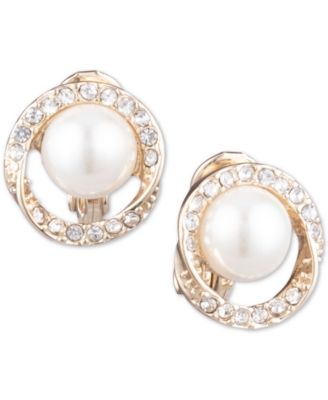 Anne Klein - Gold-Tone Pav&eacute; & Imitation Pearl Halo Clip-On Button Earrings
