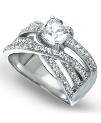 Macy's - Cubic Zirconia Intertwined Band with Cushion Prong Center Ring in Fine Silver Plate