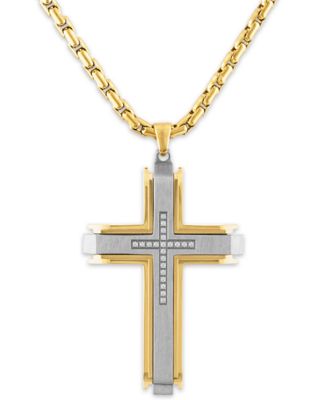 Macy's - Men's 1/10 Carat Diamond Cross Pendant 22" Chain in Stainless Steel and Gold Tone Ion Plating