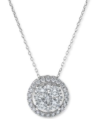 Macy's - Diamond Halo Cluster Pendant Necklace (1 ct. t.w.) in 14k White Gold, 16" + 2" extender