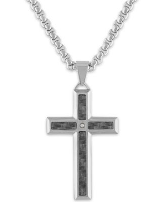 Macy's - Men's Diamond Accent Grey Carbon Fiber Cross 24" Pendant in Stainless Steel