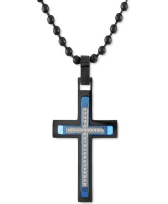 Macy's - Men's Diamond Cross Multi-Tone 22" Pendant Necklace (1/6 ct. t.w.) in Stainless Steel & Blue & Black Ion-Plate