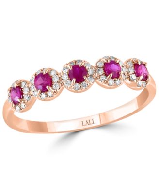 LALI Jewels - Ruby (1/3 ct. t.w.) & Diamond (1/6 ct. t.w.) Five Stone Halo Ring in 14k Rose Gold
