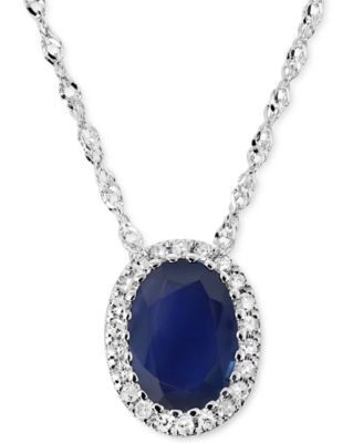Macy's - Sapphire (7/8 ct. t.w.) & Diamond (1/20 ct. t.w.) Oval Halo Pendant Necklace in 14k White Gold, 16" + 2" extender
