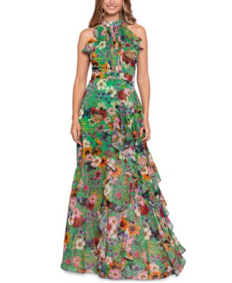 Betsy & Adam - Floral-Print Ruffled Halter Gown