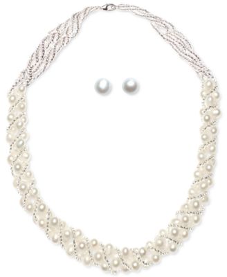 Macy's - Cultured Freshwater Pearl Woven Necklace (4mm) & Stud Earrings (6mm) Set in Sterling Silver