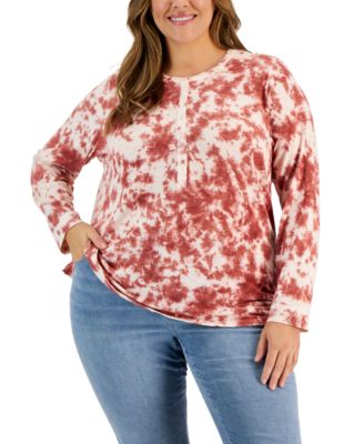 Style & Co - Plus Size Cotton Tie-Dyed Henley Top