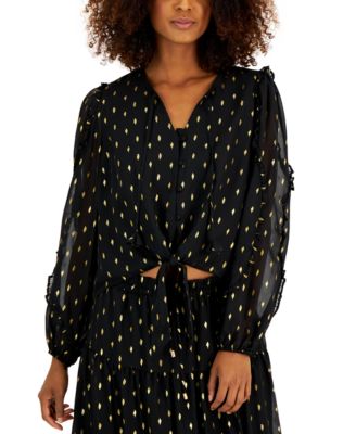 I.N.C. International Concepts - Women's Long-Sleeve Metallic-Print Tie-Waist Blouse