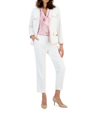 Kasper - Women's Stretch Crepe Contrast Cardigan, Long Sleeve Bow Blouse, & Stretch Crepe Pants
