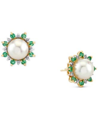 Macy's - Cultured Freshwater Pearl (8mm), Emerald (5/8 ct. t.w.) & Diamond (1/8 ct. t.w.) Stud Earrings in 10k Gold