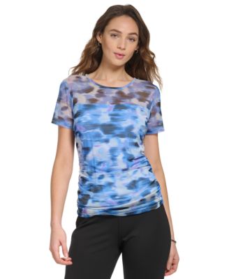 DKNY - Women's Short Sleeve Printed Mesh Overlay Top