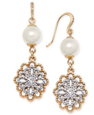 Charter Club - Two-Tone Crystal Filigree & Imitation Pearl Drop Earrings