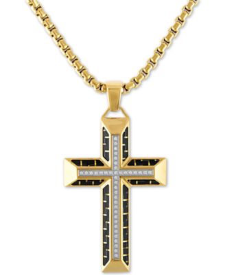 Esquire Men's Jewelry - Diamond Cross 22" Pendant Necklace in Gold Tone Ion-Plated Stainless Steel & Black Carbon Fiber or Black Ion Plated Stainless Steel