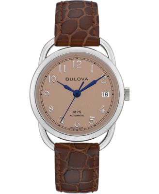 Bulova - Women's Swiss Automatic Joseph Brown Leather Strap Watch 34.5mm