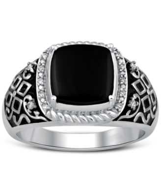 Macy's - Men's Onyx & Diamond (1/10 ct. t.w.) Ring in Sterling Silver