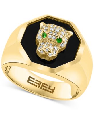 EFFY Collection - Men's Onyx, Diamond (1/4 ct. t.w.) & Tsavorite Accent Panther Ring in  14k Gold
