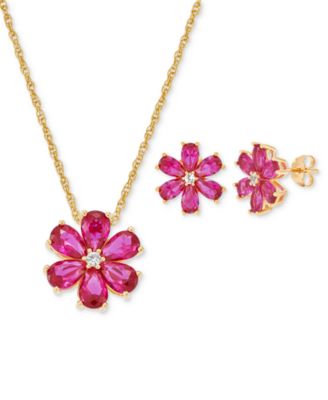 Macy's - Lab-Created Ruby (5-1/3 ct. t.w.) & White Sapphire (1/8 ct. t.w.) Flower 18" Pendant Necklace in 18k Gold-Plated Sterling Silver