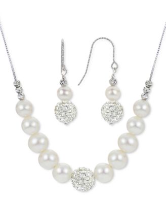 Macy's - 2-Pc. Set Cultured Freshwater Pearl (6-8mm) & Crystal Statement Necklace & Drop Earrings in Sterling Silver
