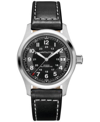 Hamilton - Men's Swiss Automatic Khaki Field Black Leather Strap Watch 38mm