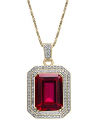 Macy's - Lab Created Ruby (6-5/8 ct. t.w.) & Diamond (1/4 ct. t.w.) Rectangular Pendant Necklace in 14k Gold-Plated Sterling Silver, 22"