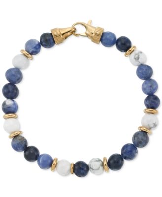 LEGACY for MEN by Simone I. Smith - Lapis Lazuli & White Agate Bead Stretch Bracelet in Gold-Tone Ion-Plated Stainless Steel