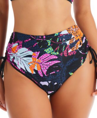 Bar III - Women's Tropical-Print Ruched-Side High Waist Swim Bottoms