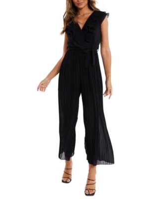 QUIZ - Juniors' Pleated Belted Sleeveless Wide Leg Jumpsuit