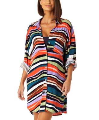 Anne Cole - Women's Striped Button-Front Roll-Tab-Sleeve Cover-Up