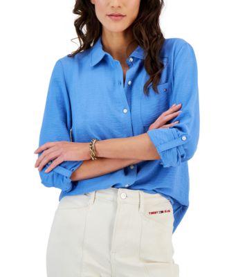 Tommy Hilfiger - Women's Roll-tab-Sleeve Button-Down Emblem Shirt