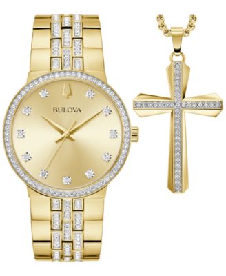Bulova - Men's Crystal Gold-Tone Stainless Steel Bracelet Watch 40mm & Necklace Box Set