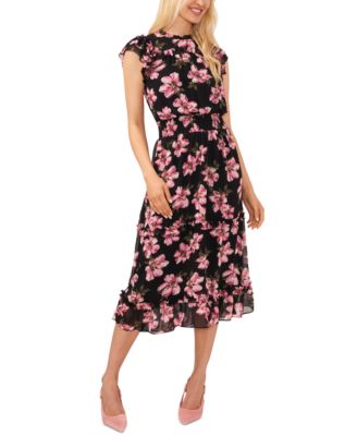 CeCe - Women's Smocked-Waist Flutter-Sleeve Midi Dress