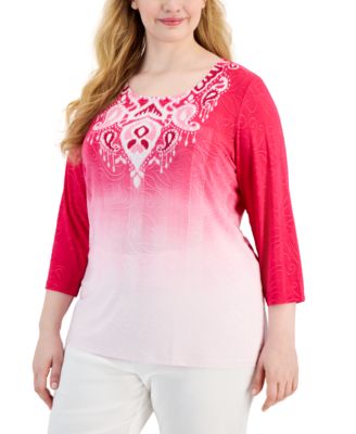 JM Collection - Plus Size Printed 3/4-Sleeve Top