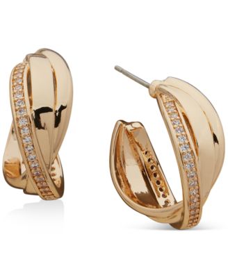 Anne Klein - Gold-Tone Medium Pav&eacute; Crossover C-Hoop Earrings, 1.2"