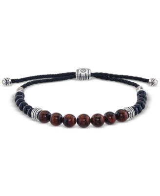 Esquire Men's Jewelry - Tiger's Eye (8mm) and Onyx (6mm) Beaded Bolo Bracelet in Sterling Silver and Black Resin